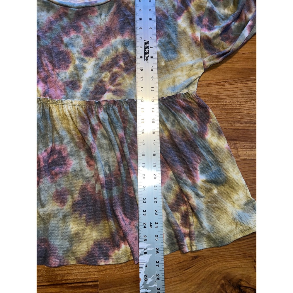 GeeGee Waffle Knit Tie Dye Babydoll Top XL Long Sleeve Thermal Tunic Olive Multi - Picture 7 of 7